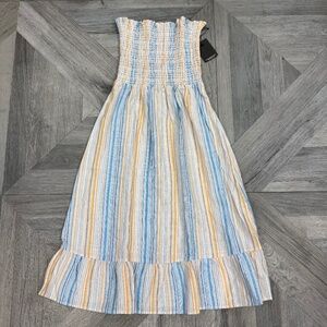 Reformation linen strapless maxi stripe dress